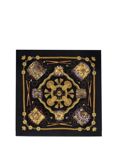 Pre-owned Hermes Les Tambours Silk Scarf In Black