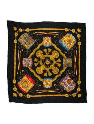Pre-owned Hermes Les Tambours Silk Scarf In Black