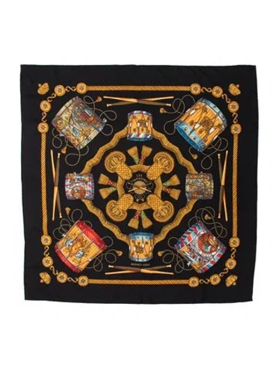 Pre-owned Hermes Les Tambours Silk Scarf In Black