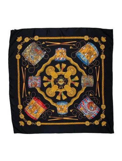Pre-owned Hermes Les Tambours Silk Scarf In Black