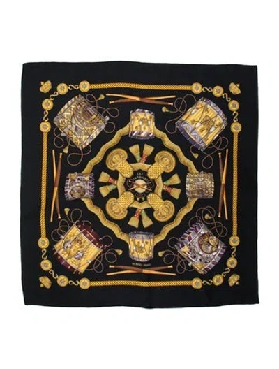 Pre-owned Hermes Les Tambours Silk Scarf In Black