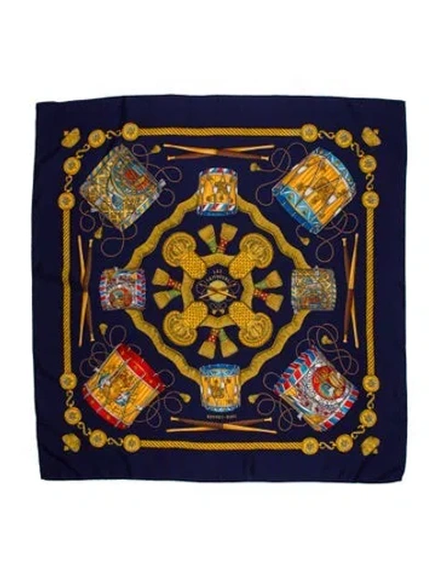 Pre-owned Hermes Les Tambours Silk Scarf In Blue