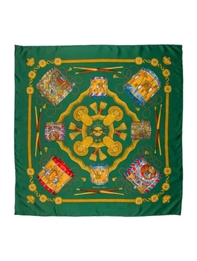 Pre-owned Hermes Les Tambours Silk Scarf In Green