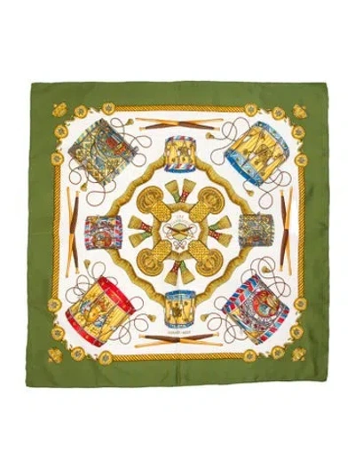 Pre-owned Hermes Les Tambours Silk Scarf In Green