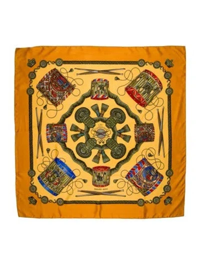 Pre-owned Hermes Les Tambours Silk Scarf In Orange