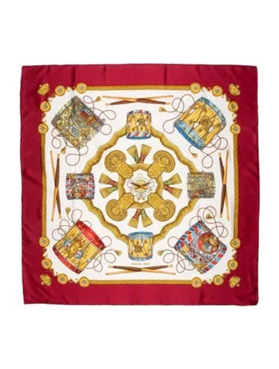 Pre-owned Hermes Les Tambours Silk Scarf In Red
