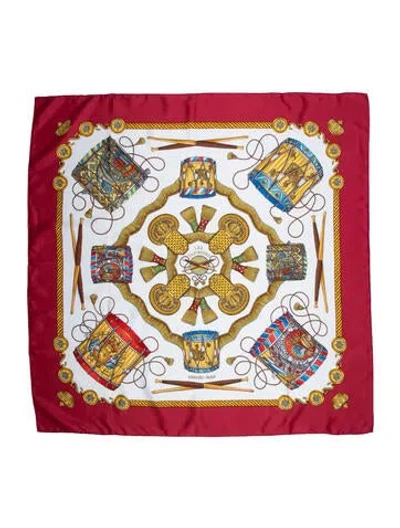 Pre-owned Hermes Les Tambours Silk Scarf In White