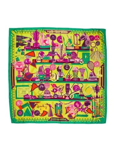 Pre-owned Hermes Les Trophées Silk Scarf In Green