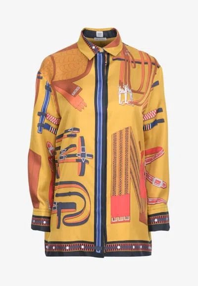 Hermes Lettres Equestres Print Silk Shirt In Jaune Gingembre