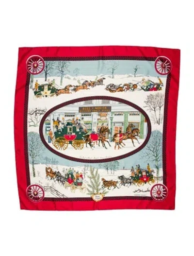 Pre-owned Hermes L'hiver En Poste Silk Scarf In Red