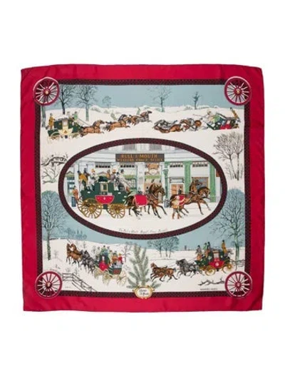 Pre-owned Hermes L'hiver En Poste Silk Scarf In Red