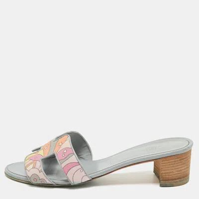 Pre-owned Hermes Light Blue Printed Canvas And Leather Oasis Sandals Size 39
