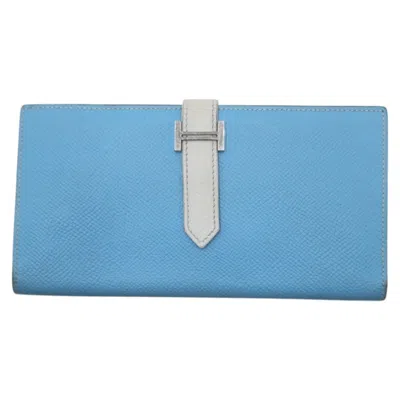 Pre-owned Hermes Light Blue White Epsom Leather Long Wallet (bi-fold) () In Multi
