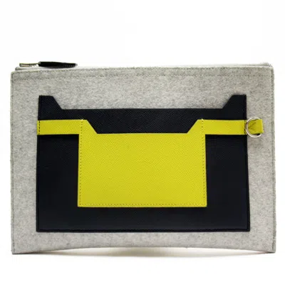 Pre-owned Hermes Light Gray Navy Yellow Felt Epsom Leather Clutch Bag () In Light Gray, Navy, Yellow