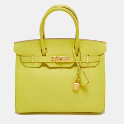 Pre-owned Hermes Lime Epsom Leather Gold Finish Birkin 30 Bag In Yellow