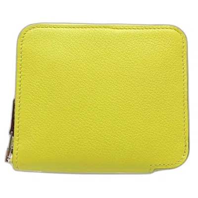 Pre-owned Hermes Lime Epsom Leather Silk Coin Purse/coin Case () In Green
