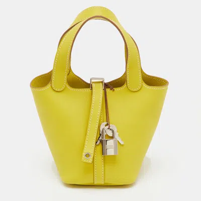Pre-owned Hermes Lime Swift Leather Micro Picotin Lock Bag In Yellow