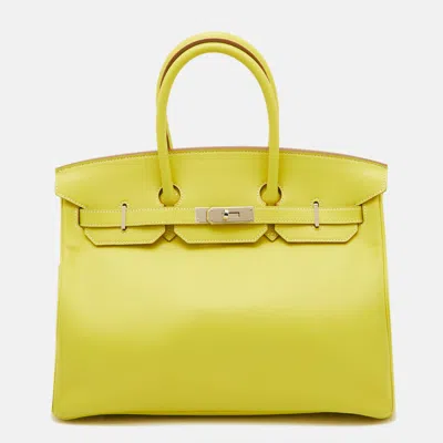 Pre-owned Hermes Lime Swift Leather Palladium Finish Birkin 35 Bag In Yellow
