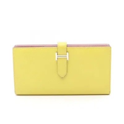 Pre-owned Hermes Lime Yellow Epsom Leather Leather Long Wallet (bi-fold) () In Multi