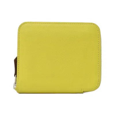 Pre-owned Hermes Lime Yellow Epsom Leather Silk Coin Purse/coin Case () In Lime, Yellow