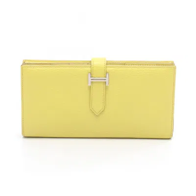 Pre-owned Hermes Lime Yellow Yellow Chevre Leather Long Wallet (bi-fold) ()