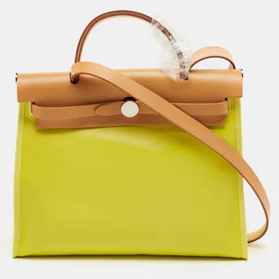 Pre-owned Hermes Lime/naturel Sable Berline Toile And Vache Hunter Herbag Zip 31 Bag In Yellow