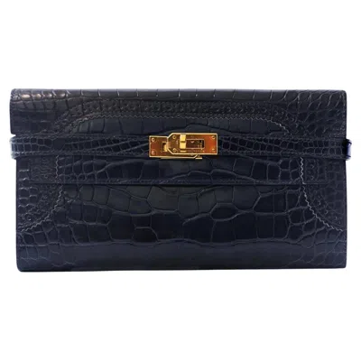 Pre-owned Hermes Hermès Limited Edition Navy Kelly Ghillies Wallet In Blue