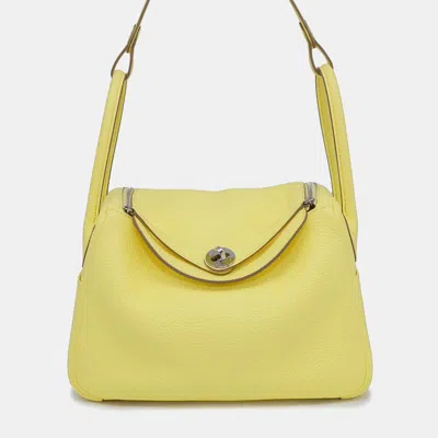 Pre-owned Hermes Lindy 26 Lime Taurillon Clemence Shoulder Bag In Yellow
