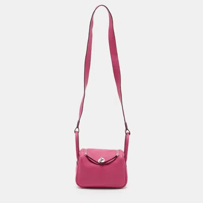 Pre-owned Hermes Hermès Lindy Mini Palladium Finish Rose Shocking Taurillon Clemence Leather Shoulder Bag In Pink