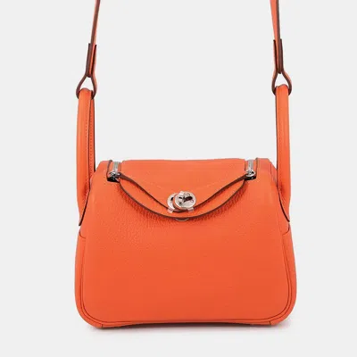 Pre-owned Hermes Lindy Tangerine Taurillon Clemence Size Mini In Orange
