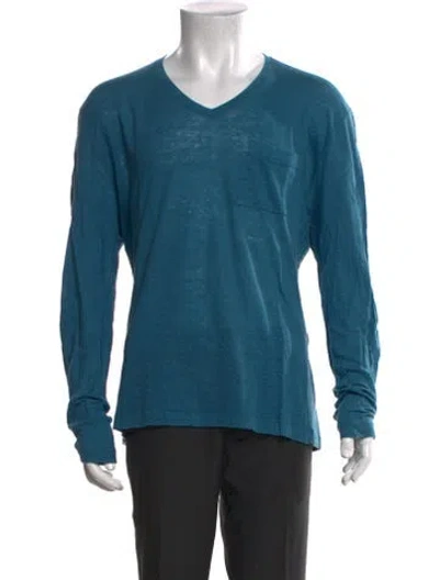 Pre-owned Hermes Linen V-neck T-shirt In Blue