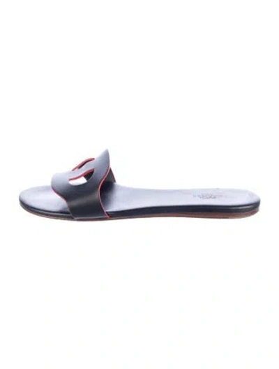Pre-owned Hermes Lisboa Leather Slides In Blue