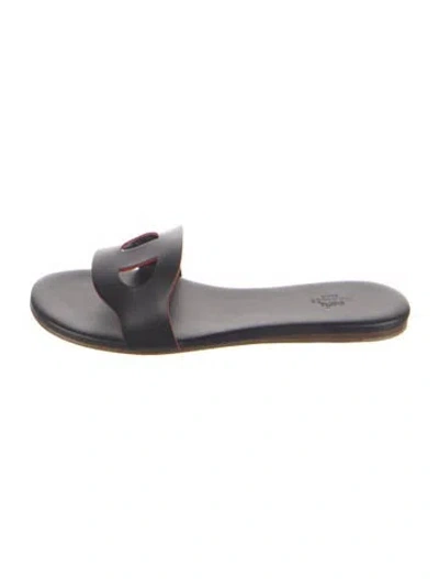 Pre-owned Hermes Lisboa Leather Slides In Grey