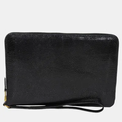 Pre-owned Hermes Lizard Charlie Long Wallet Black Leather