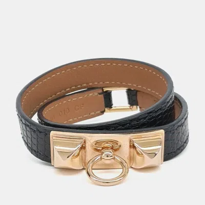 Pre-owned Hermes Lizard Double Reval Bracelet In Black