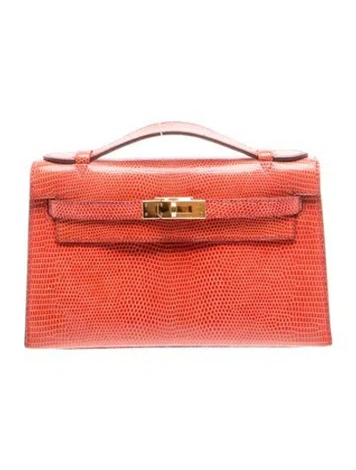 Pre-owned Hermes Lizard Kelly Pochette In Pink