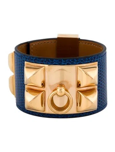 Pre-owned Hermes Lizard Leather Collier De Chien Bracelet In Blue