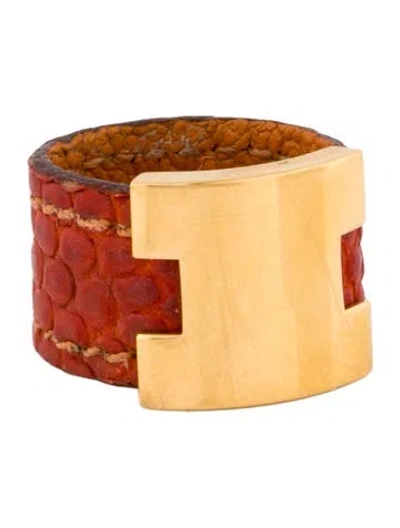 Pre-owned Hermes Lizard Lurie Band Ring In Orange
