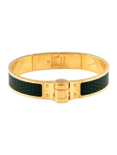 Pre-owned Hermes Lizard Narrow Hinged Bangle Bracelet, 7" In Green