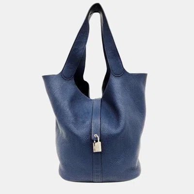 Pre-owned Hermes Lock Pico Tan 31 Handbag In Blue
