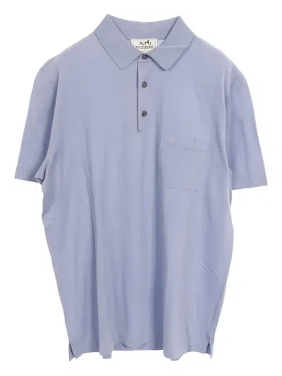 Pre-owned Hermes Logo-embroidered Cotton Polo Shirt In Blue