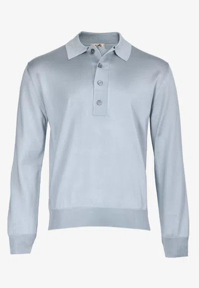 Pre-owned Hermes Long-sleeved Silk Knit Polo T-shirt In Brume