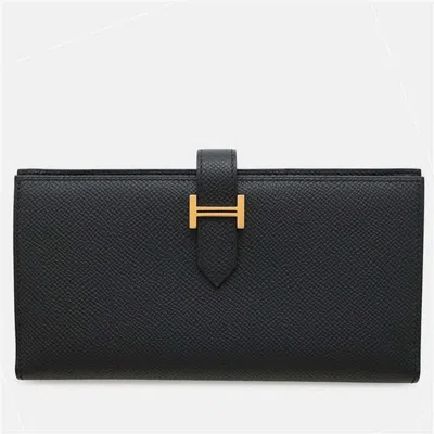 Pre-owned Hermes Long Wallet Bearn Soufflet Black Epson