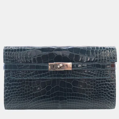 Pre-owned Hermes Long Wallet Bleu Covert Alligator Leather Wallet In Blue