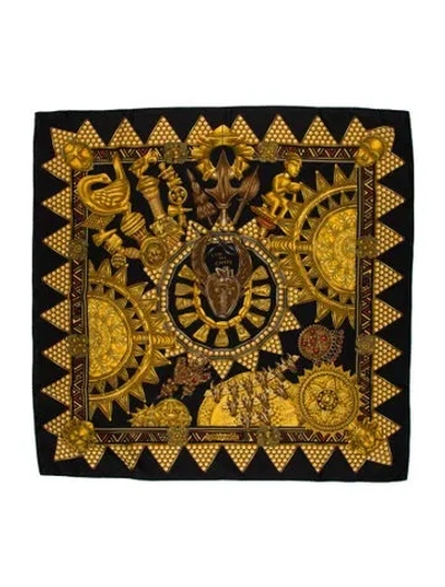 Pre-owned Hermes L'or Des Chefs Silk Scarf In Black