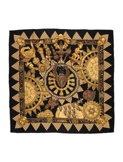 Pre-owned Hermes L'or Des Chefs Silk Scarf In Black