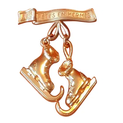 Pre-owned Hermes Lovely Hermès Ice Skates Charm Brooch Golden In Multi
