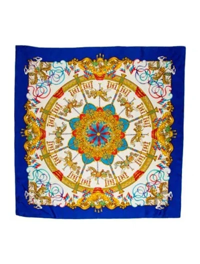 Pre-owned Hermes Luna Park Jacquard Silk Scarf In Blue