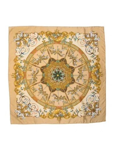 Pre-owned Hermes Luna Park Jacquard Silk Scarf In Gold