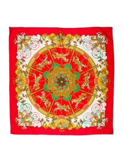 Pre-owned Hermes Luna Park Jacquard Silk Scarf In Red